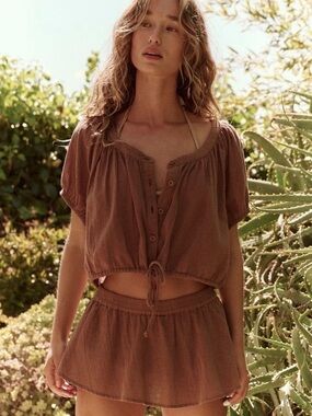 FREE PEOPLE Women’s Brown/Terracotta Buttoned Crop Top with Matching Skort